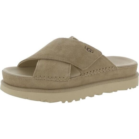 UGG Womens Size 8 Goldenstar Cross Slide Leather Sandals in Driftwood $120 S4 - Picture 1 of 8